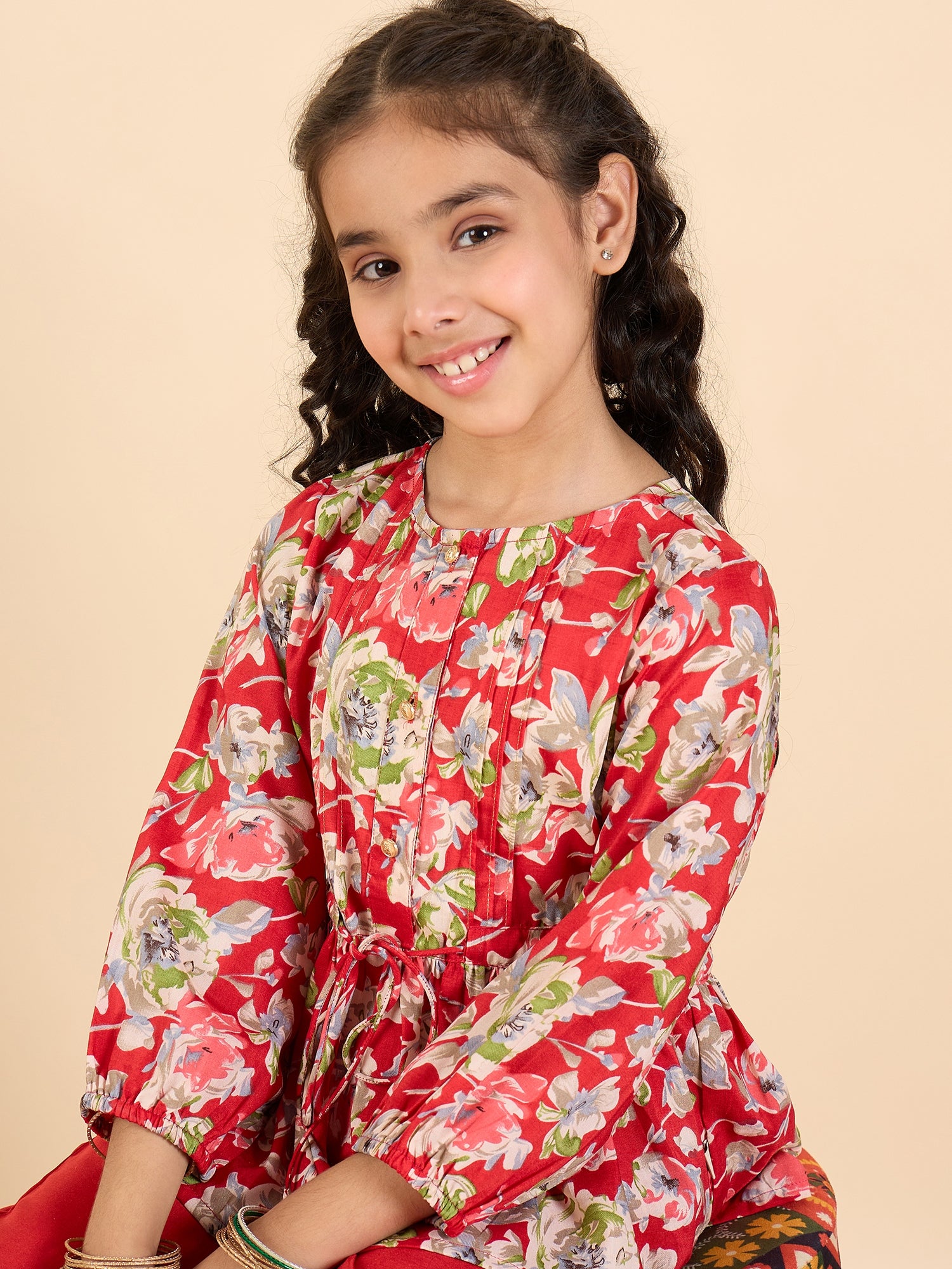 Girls Full Length All over Print Kurti Set - Red