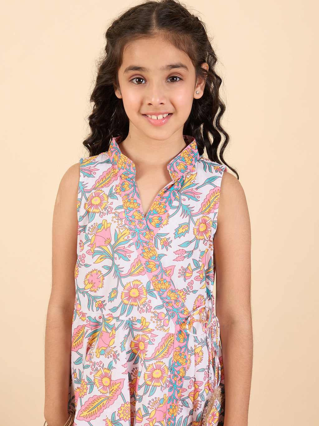 Girls Full Length All over Print Kurti Set - Pink