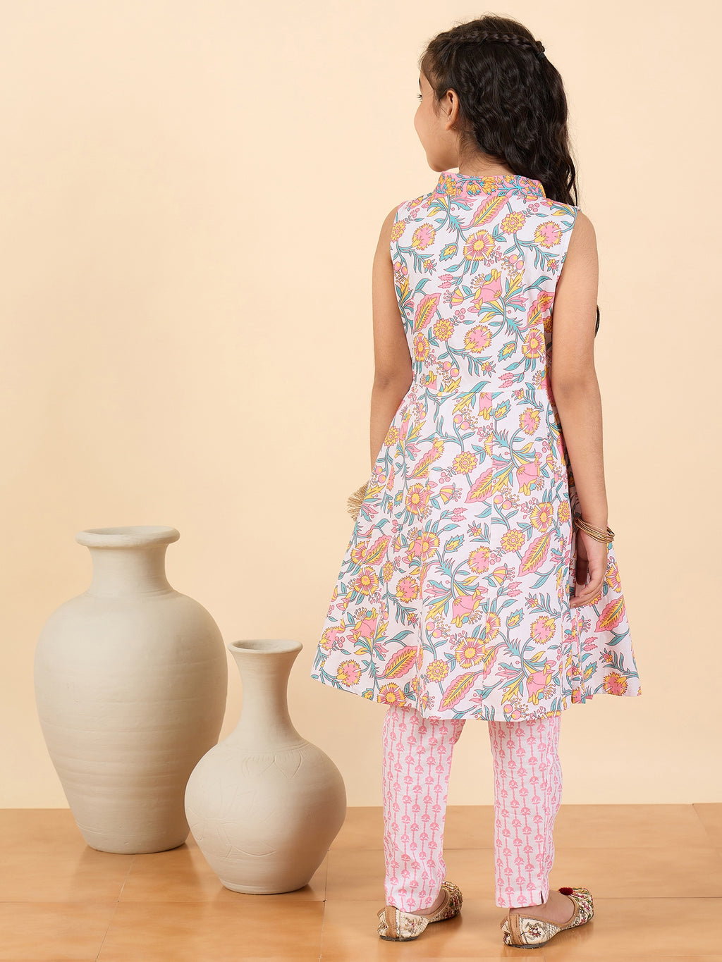 Girls Full Length All over Print Kurti Set - Pink