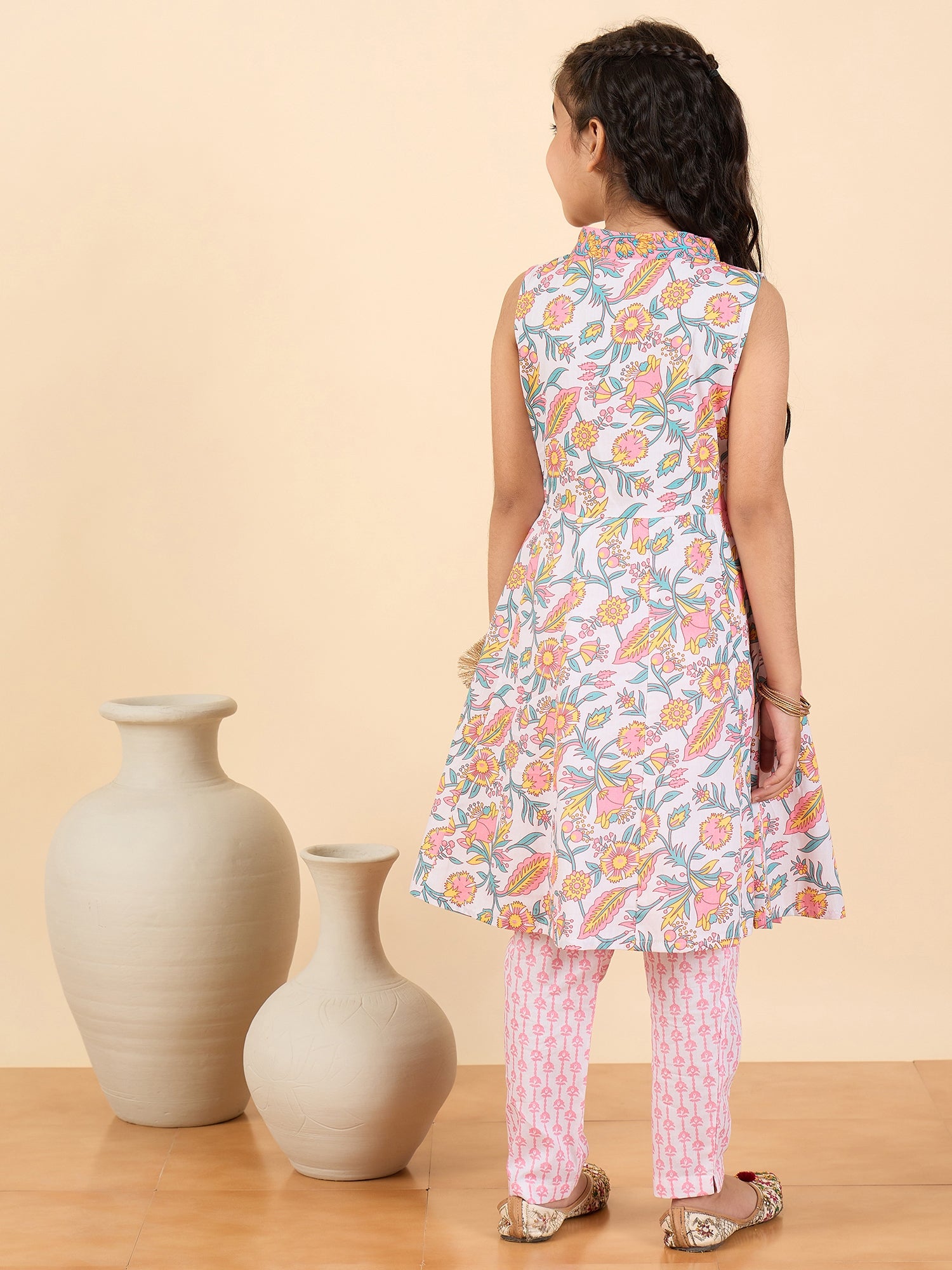 Girls Full Length All over Print Kurti Set - Pink