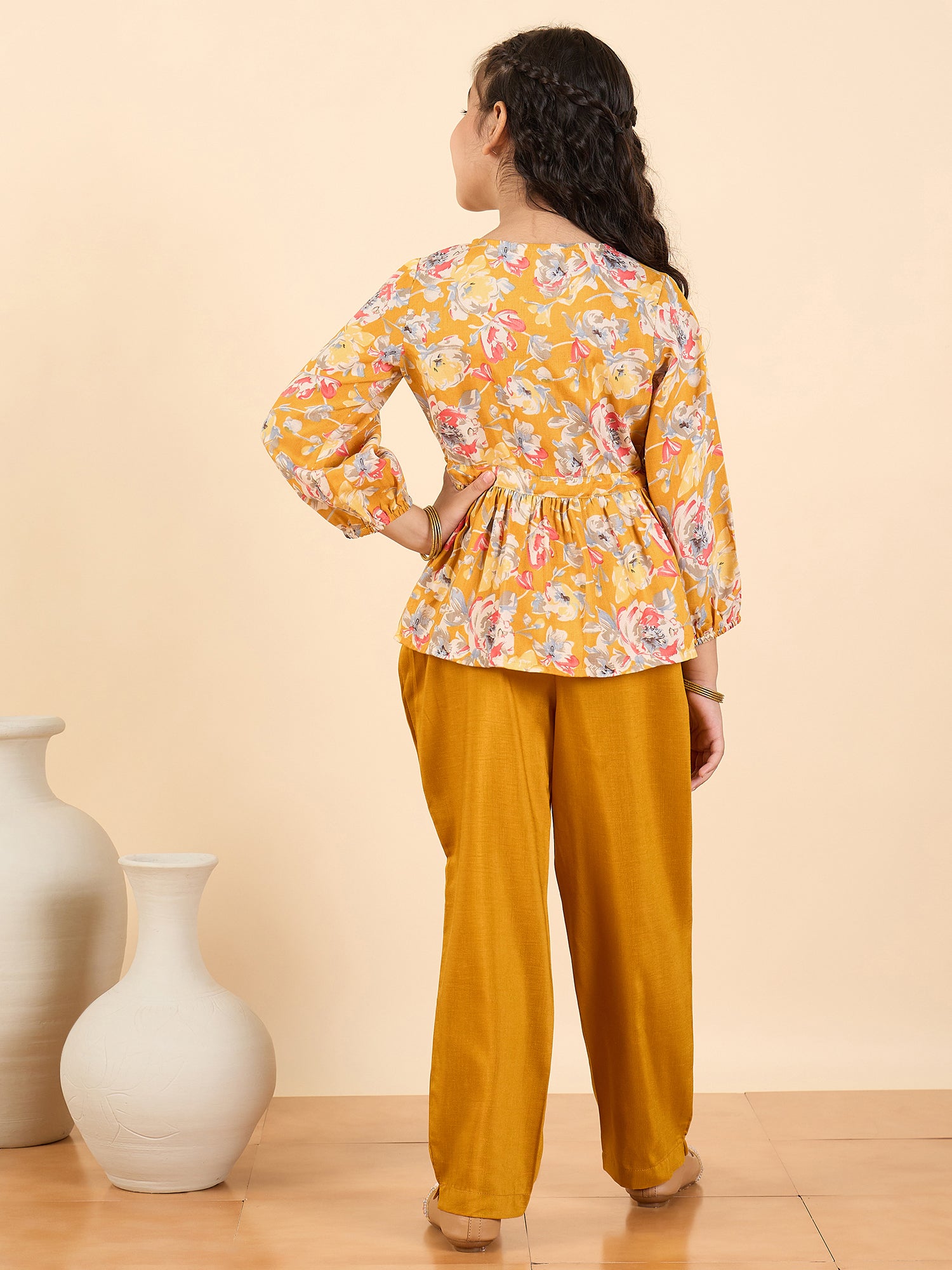 Girls Full Length All over Print Kurti Set - Yellow