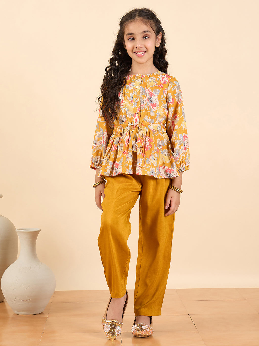Girls Full Length All over Print Kurti Set - Yellow