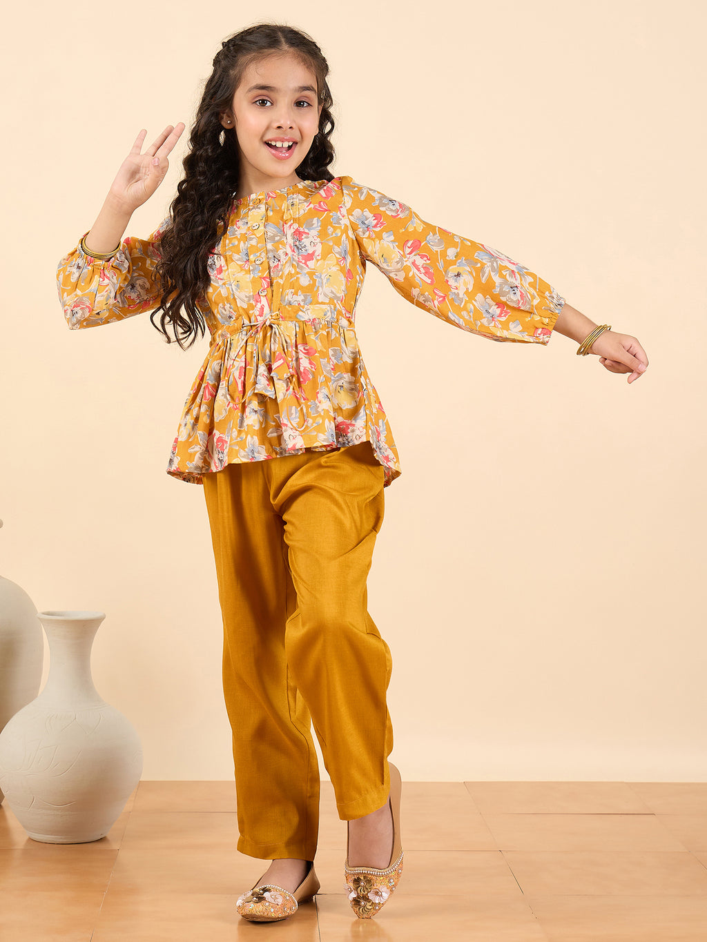 Girls Full Length All over Print Kurti Set - Yellow