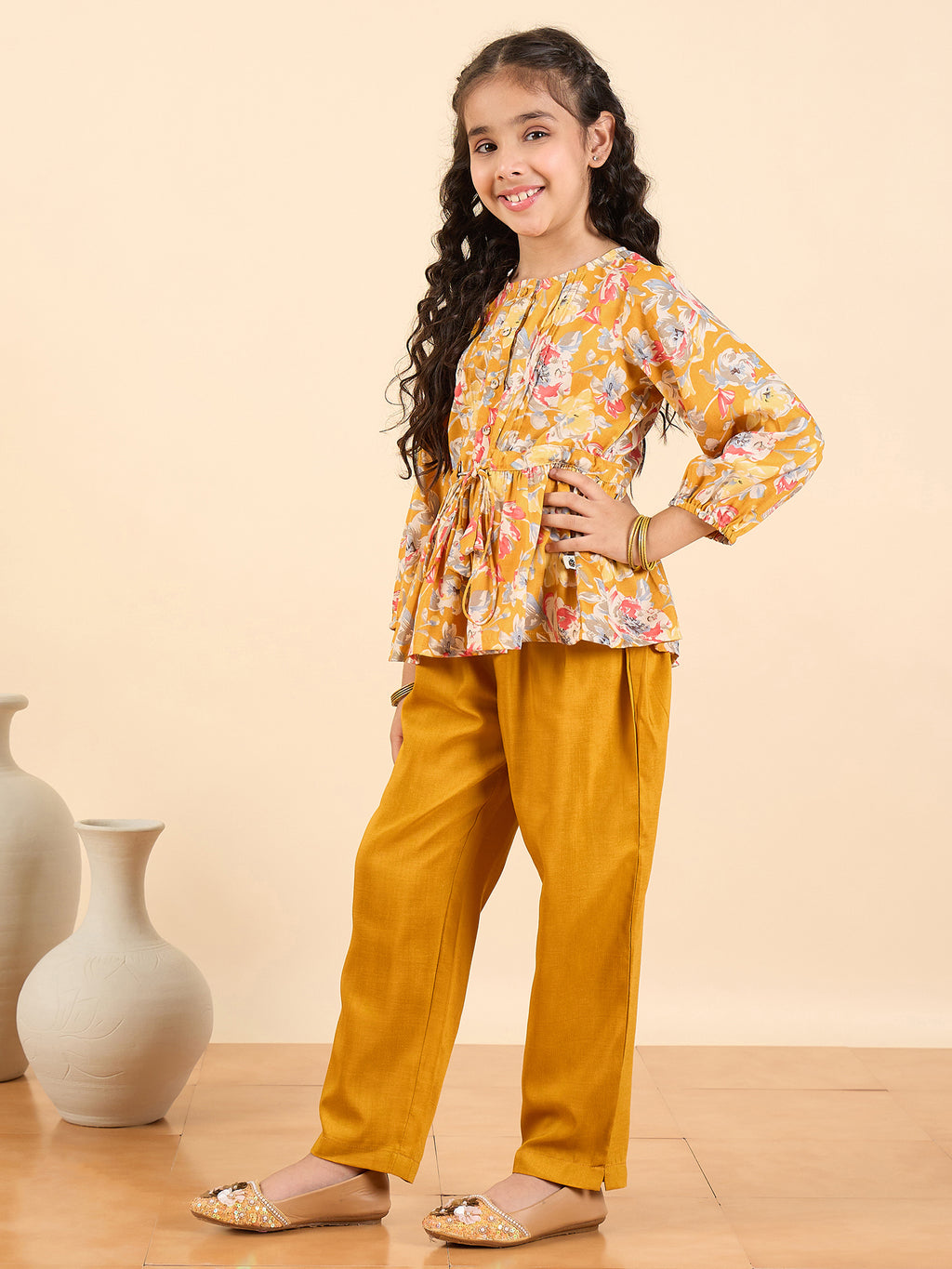 Girls Full Length All over Print Kurti Set - Yellow