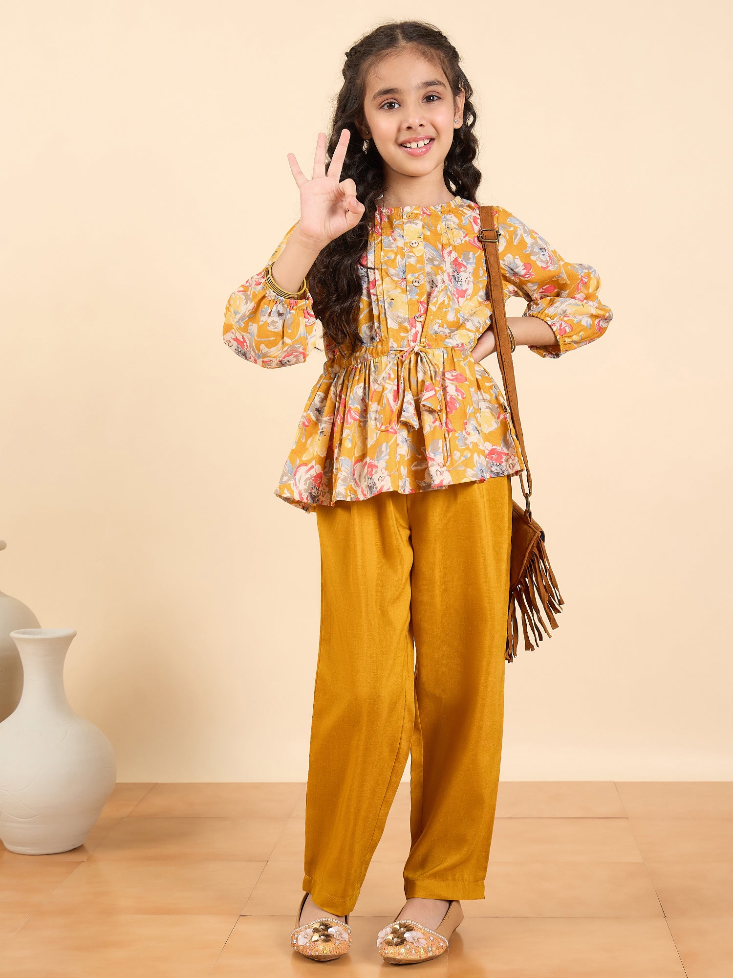 Girls Full Length All over Print Kurti Set - Yellow