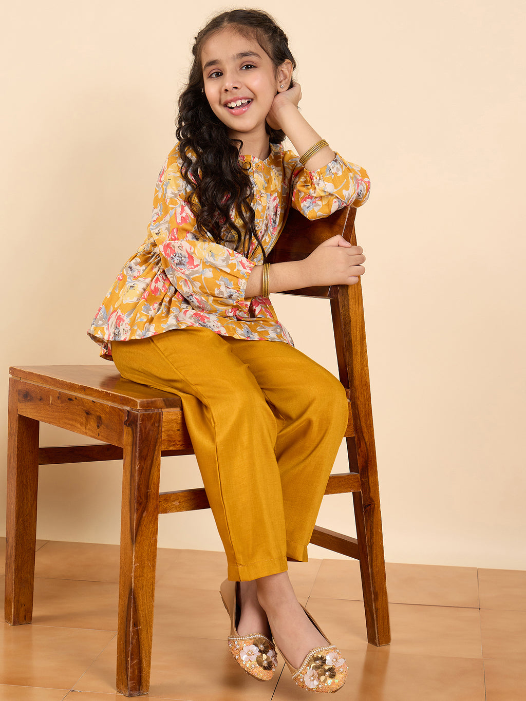 Girls Full Length All over Print Kurti Set - Yellow