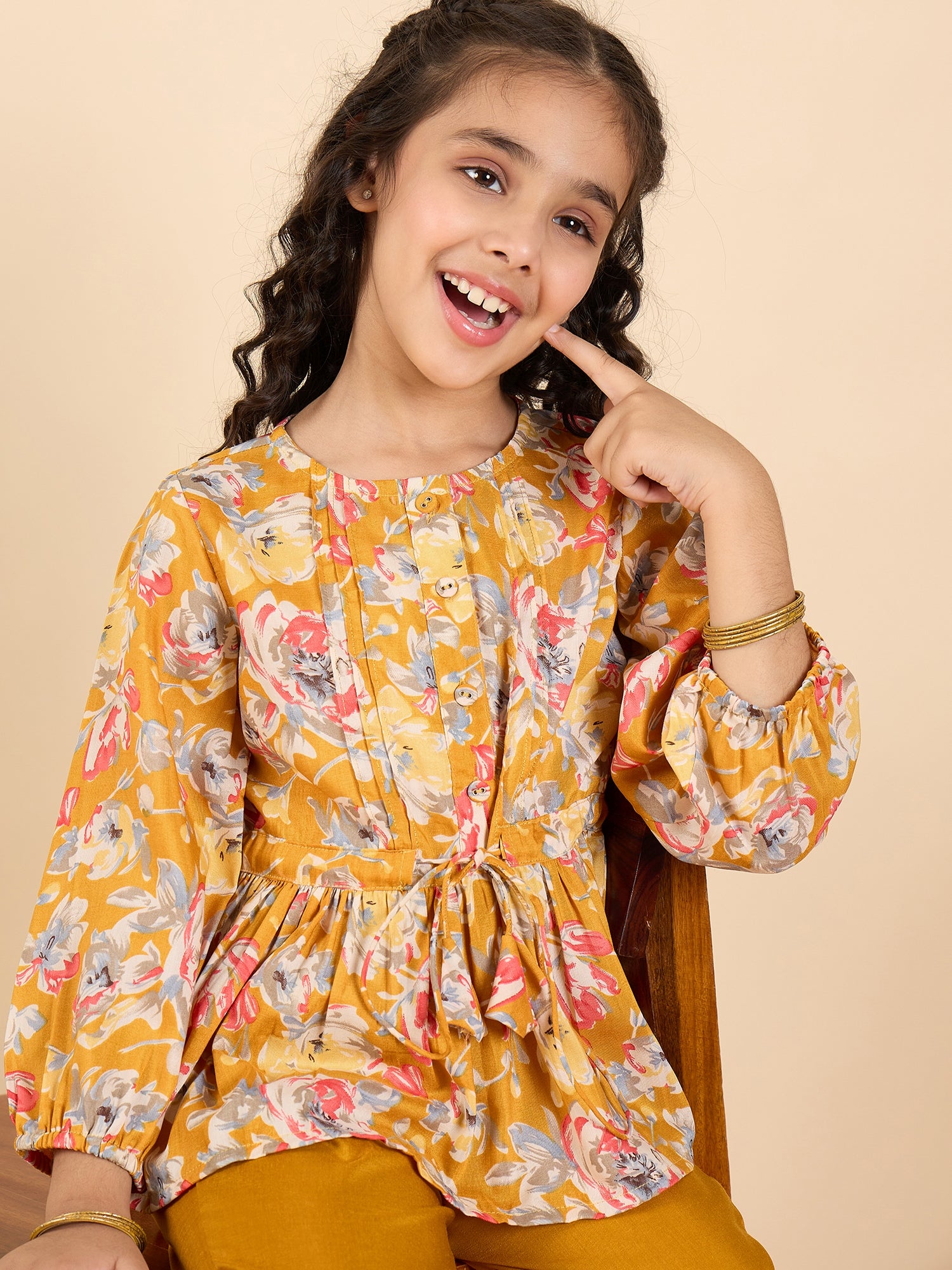 Girls Full Length All over Print Kurti Set - Yellow