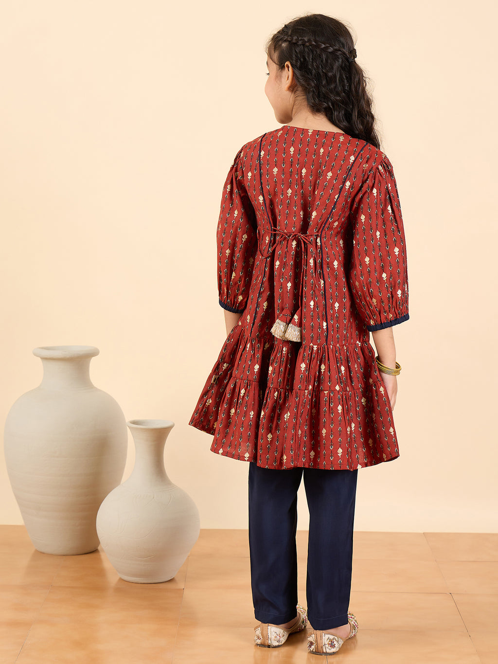 Girls Above Knee All over Print Kurti Set - Maroon