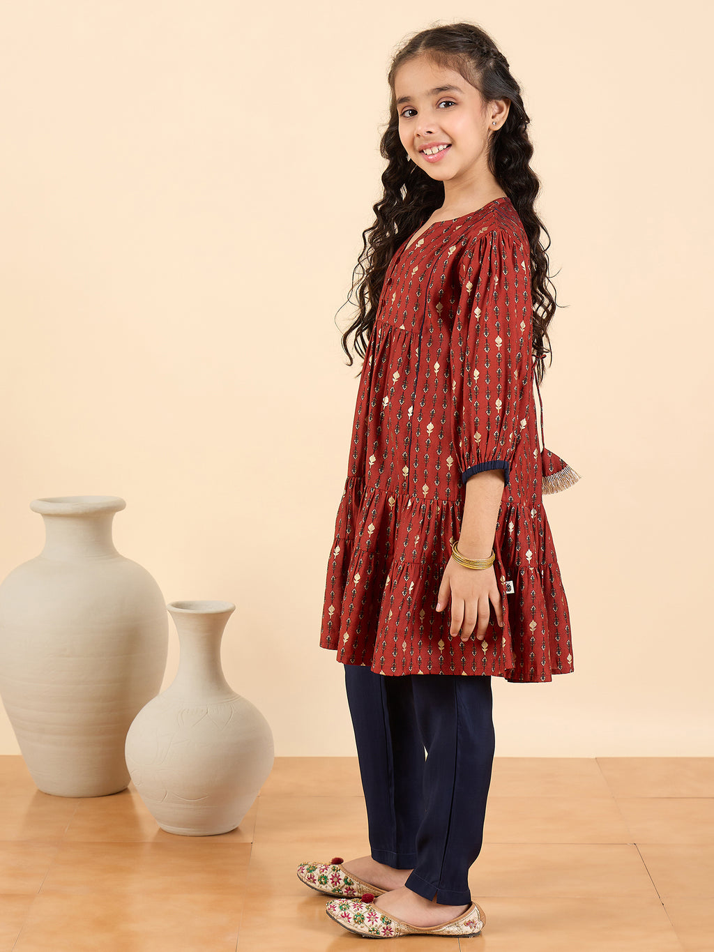 Girls Above Knee All over Print Kurti Set - Maroon
