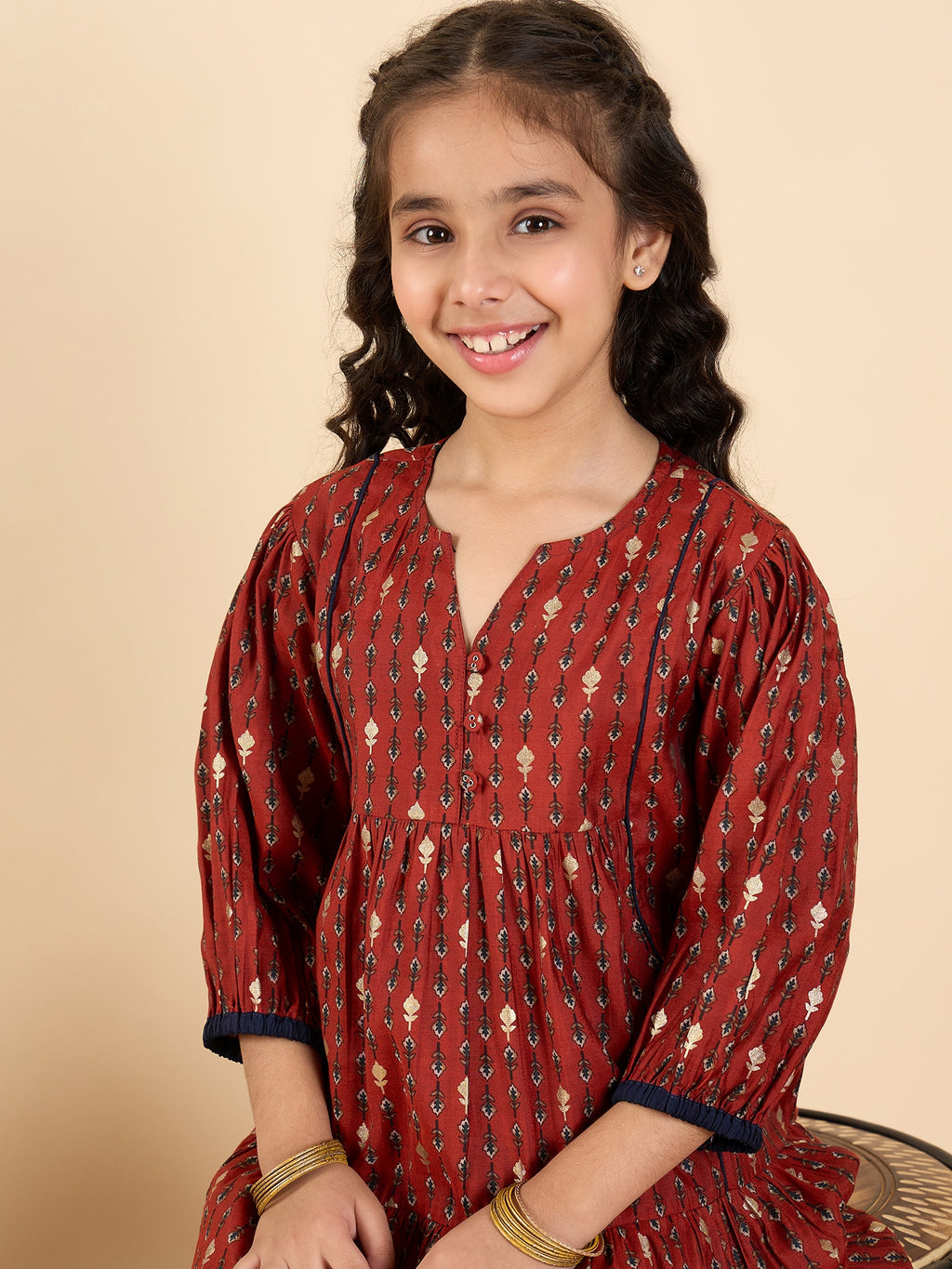 Girls Above Knee All over Print Kurti Set - Maroon