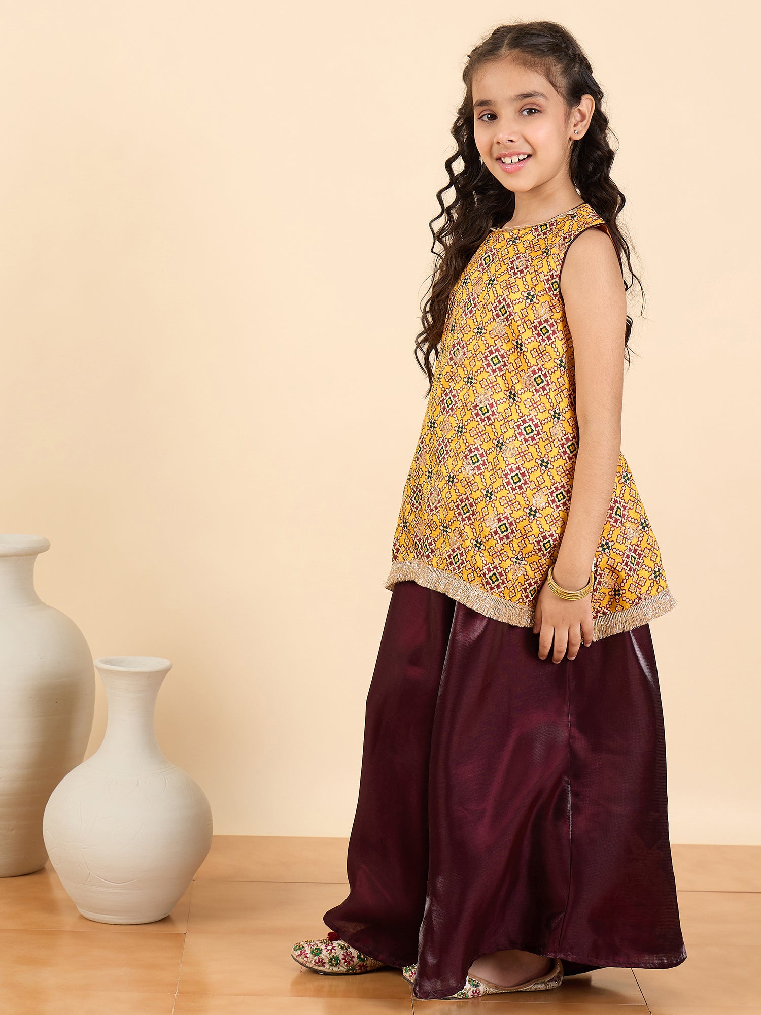 Girls Above Knee All over Print Kurti Set - Yellow