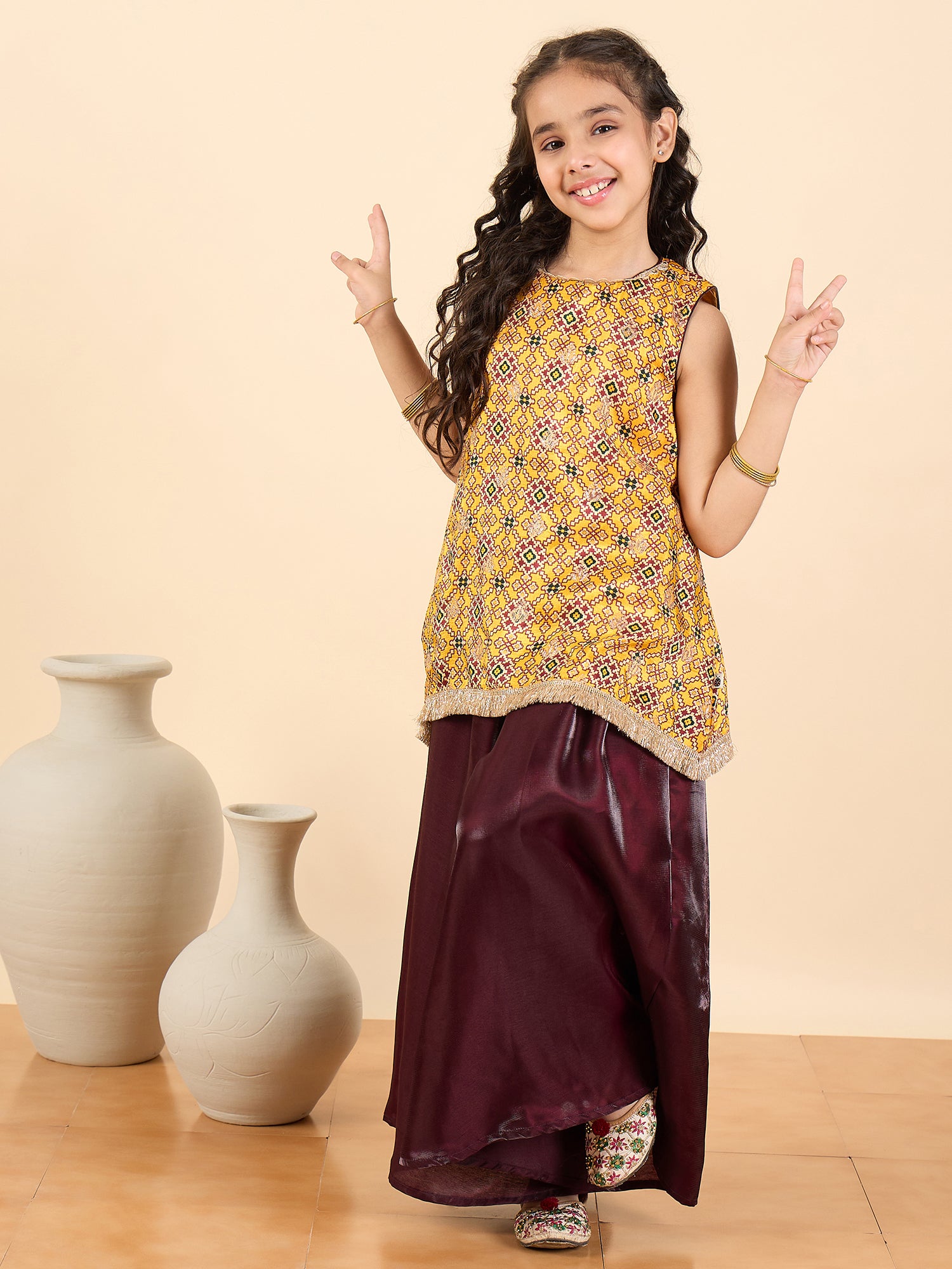 Girls Above Knee All over Print Kurti Set - Yellow