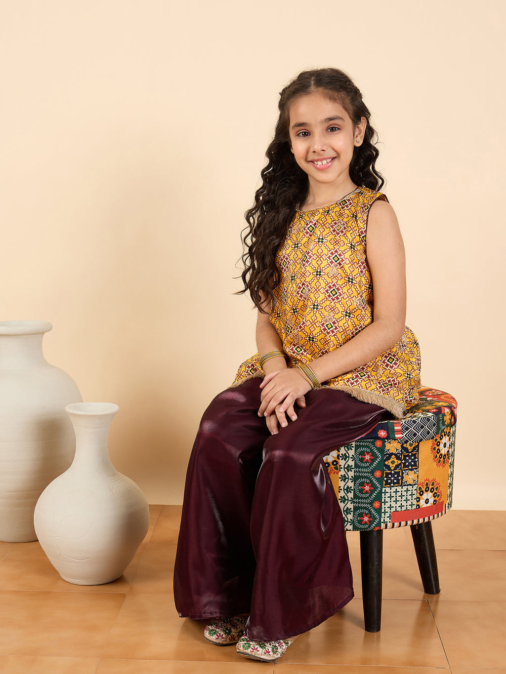 Girls Above Knee All over Print Kurti Set - Yellow