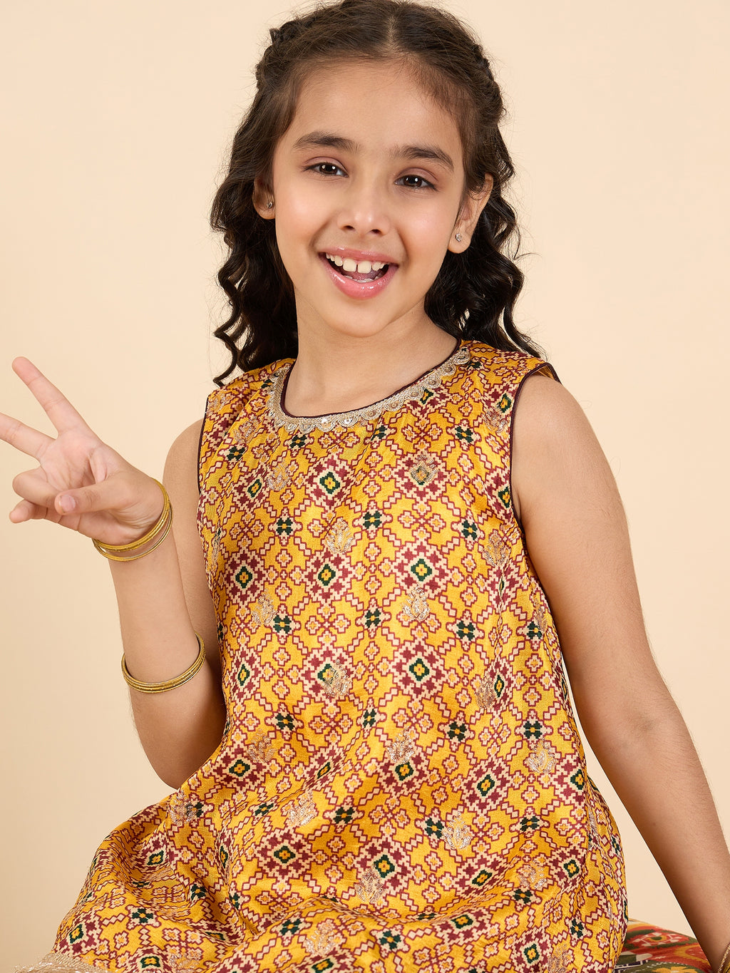 Girls Above Knee All over Print Kurti Set - Yellow