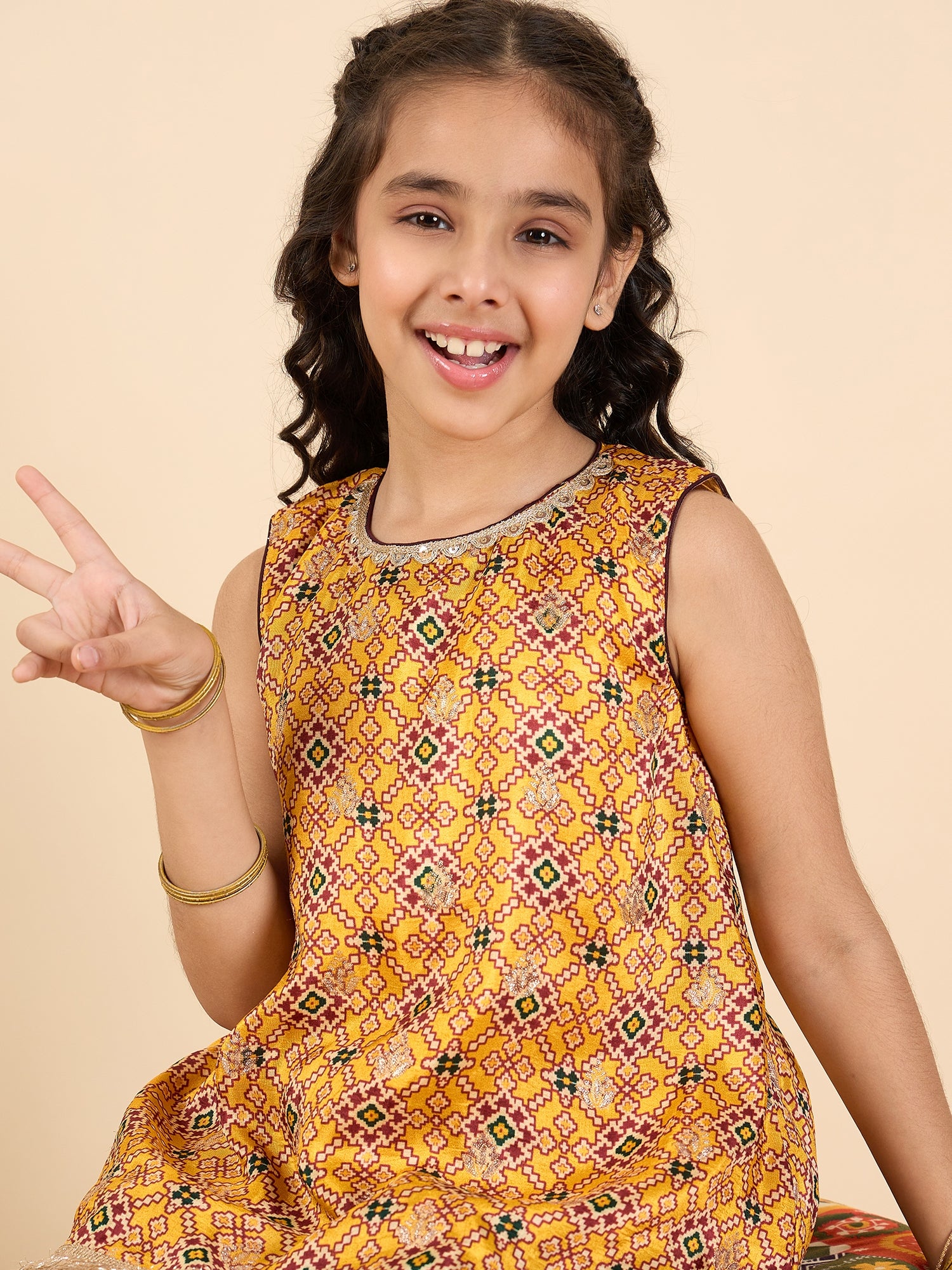 Girls Above Knee All over Print Kurti Set - Yellow
