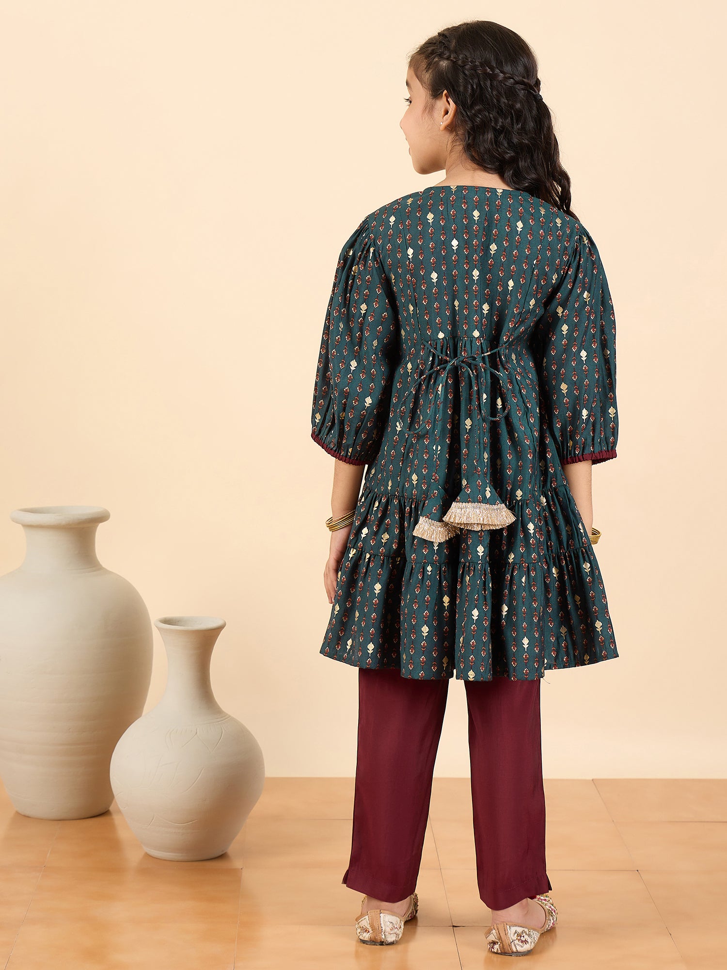 Girls Above Knee All over Print Kurti Set - Blue