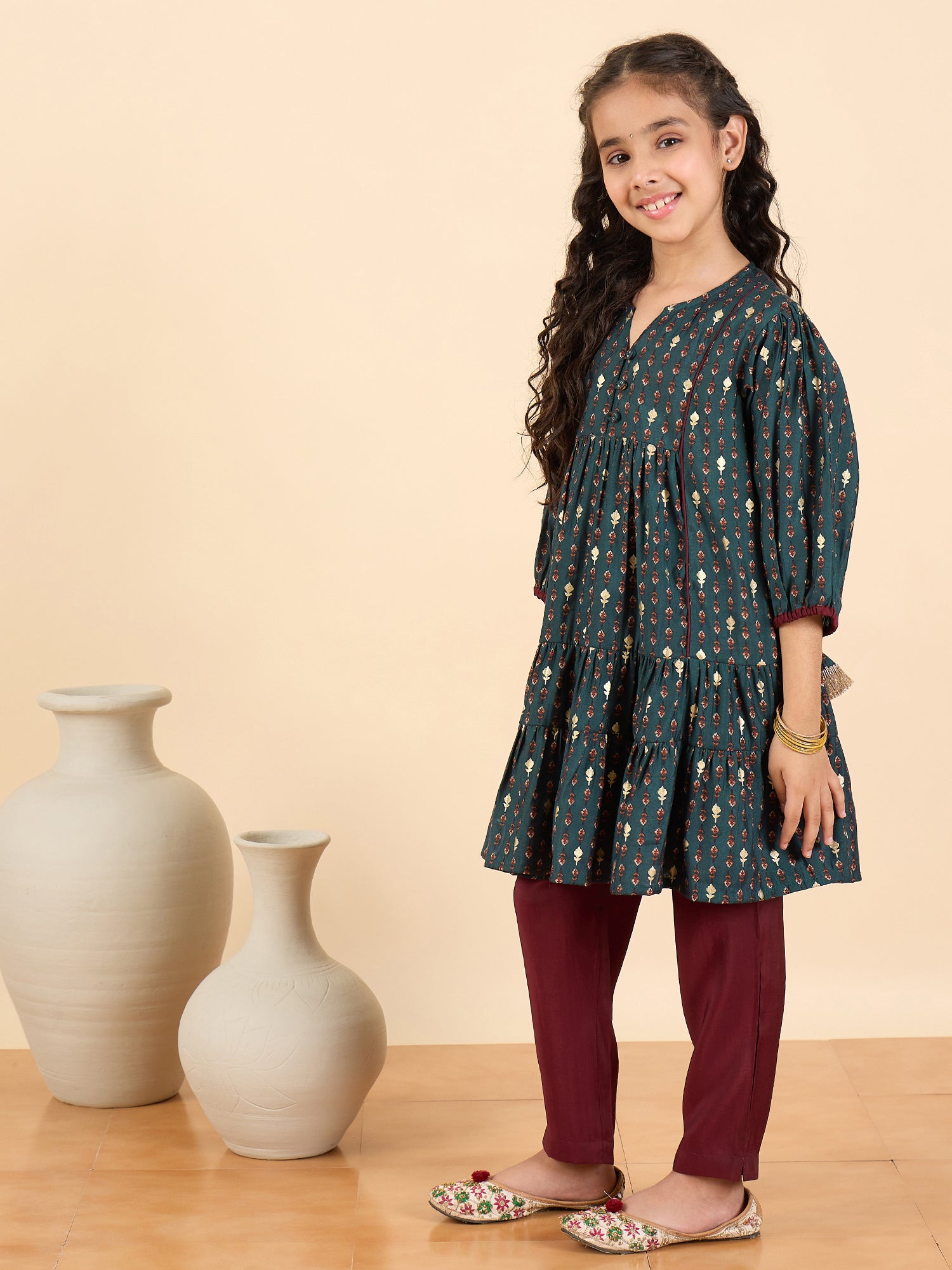 Girls Above Knee All over Print Kurti Set - Blue