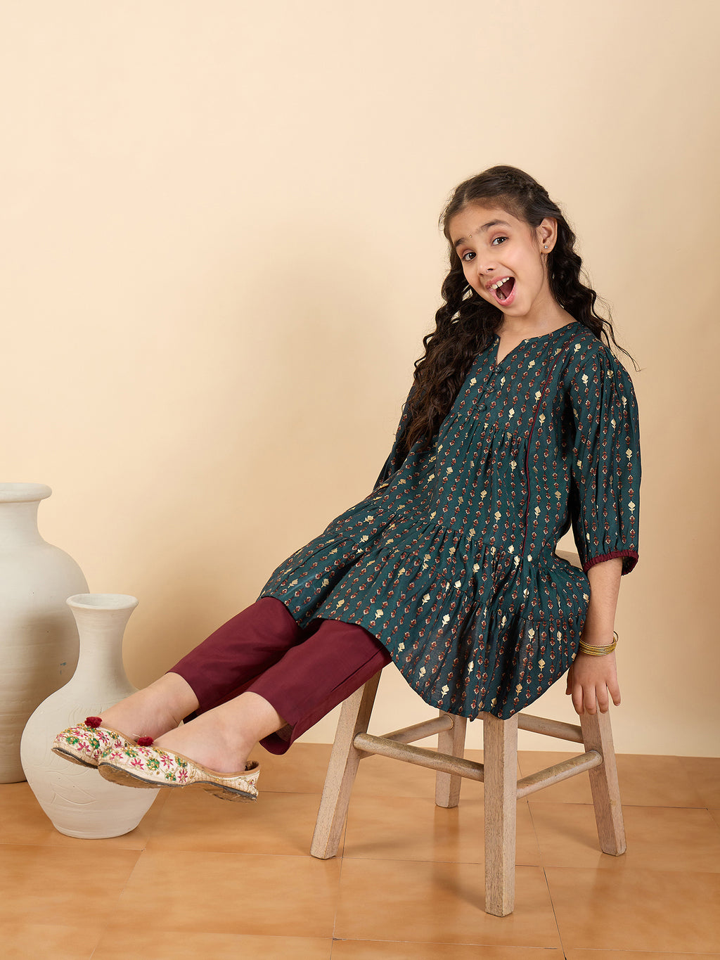 Girls Above Knee All over Print Kurti Set - Blue