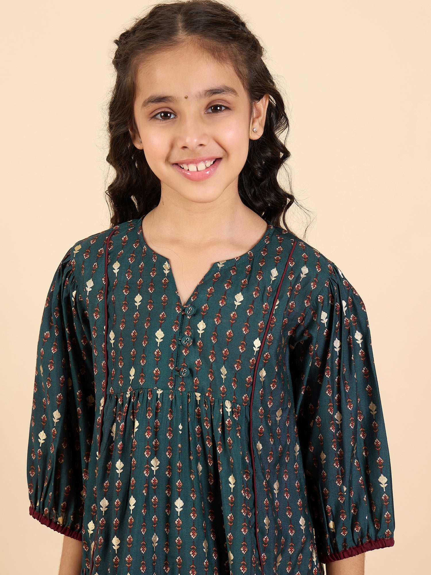 Girls Above Knee All over Print Kurti Set - Blue