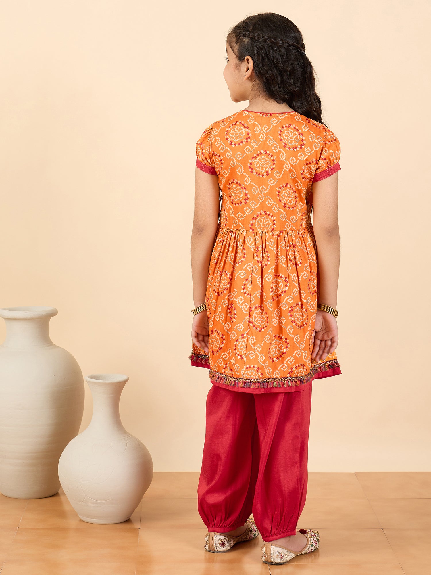 Girls Above Knee All over Print Kurti Set - Orange