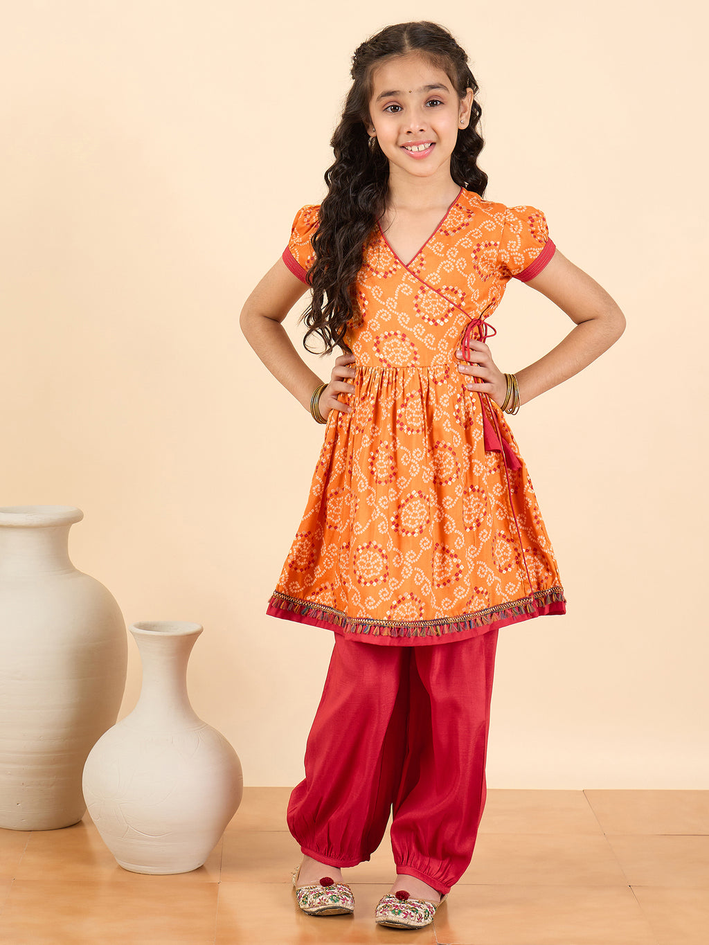 Girls Above Knee All over Print Kurti Set - Orange