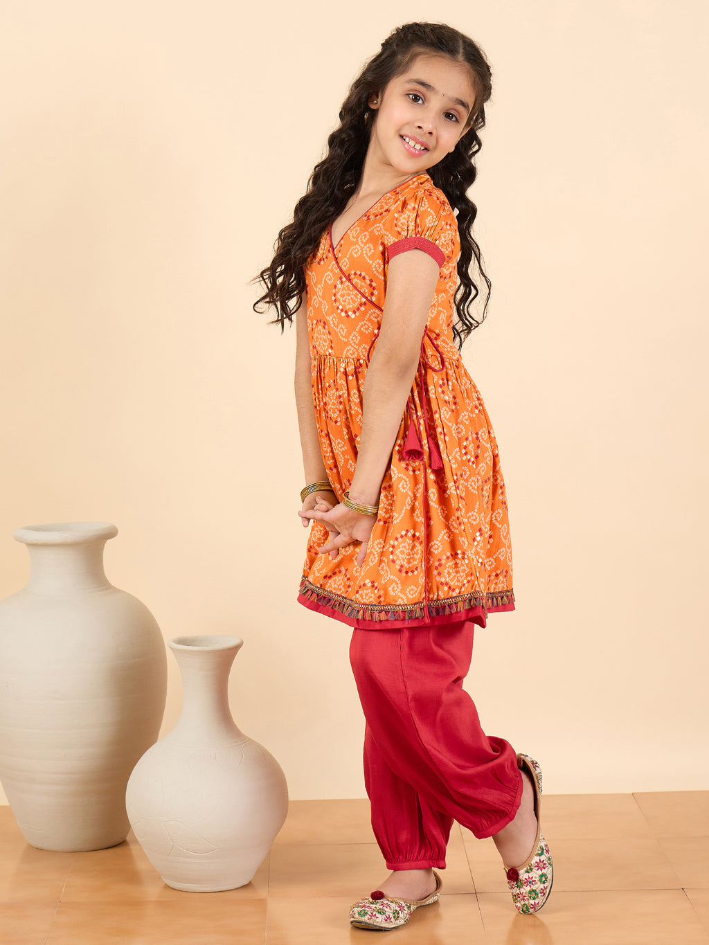 Girls Above Knee All over Print Kurti Set - Orange