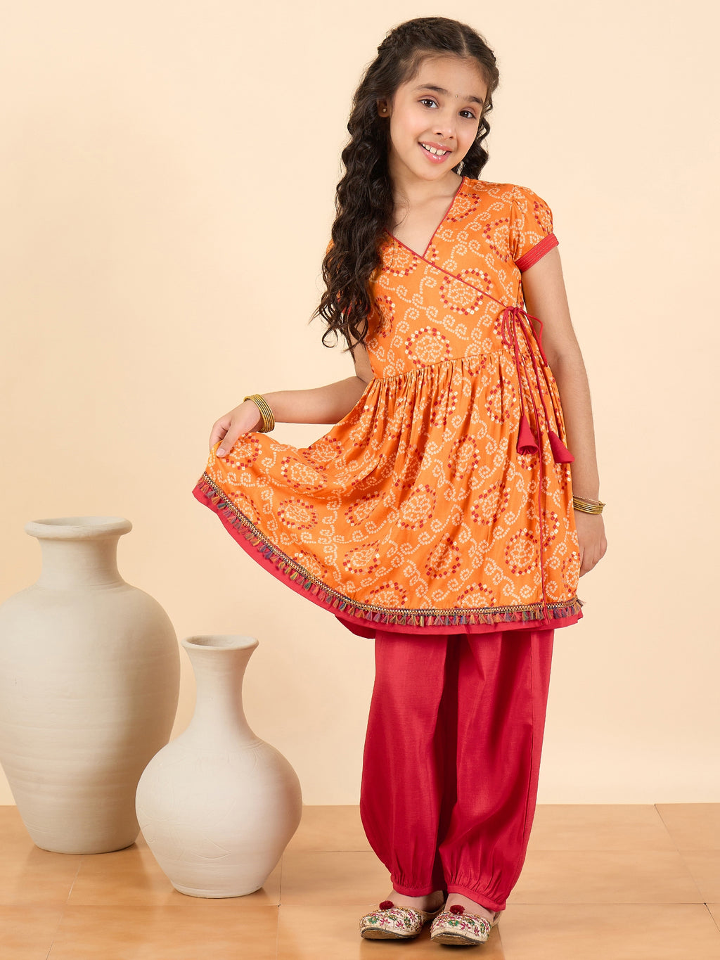 Girls Above Knee All over Print Kurti Set - Orange
