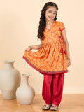 Girls Above Knee All over Print Kurti Set - Orange