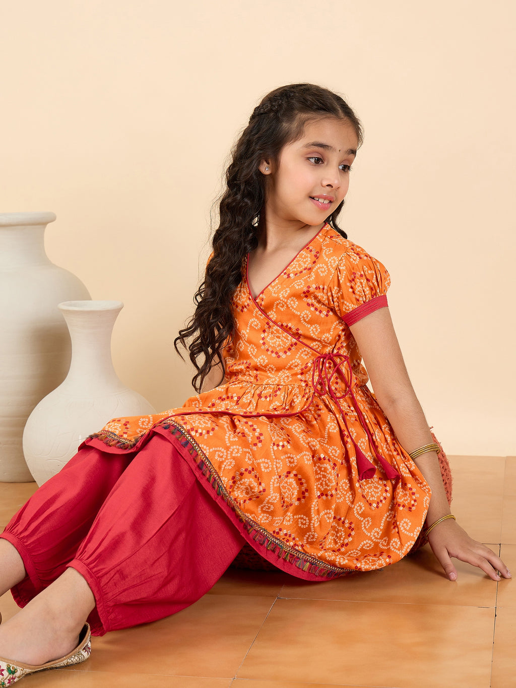 Girls Above Knee All over Print Kurti Set - Orange