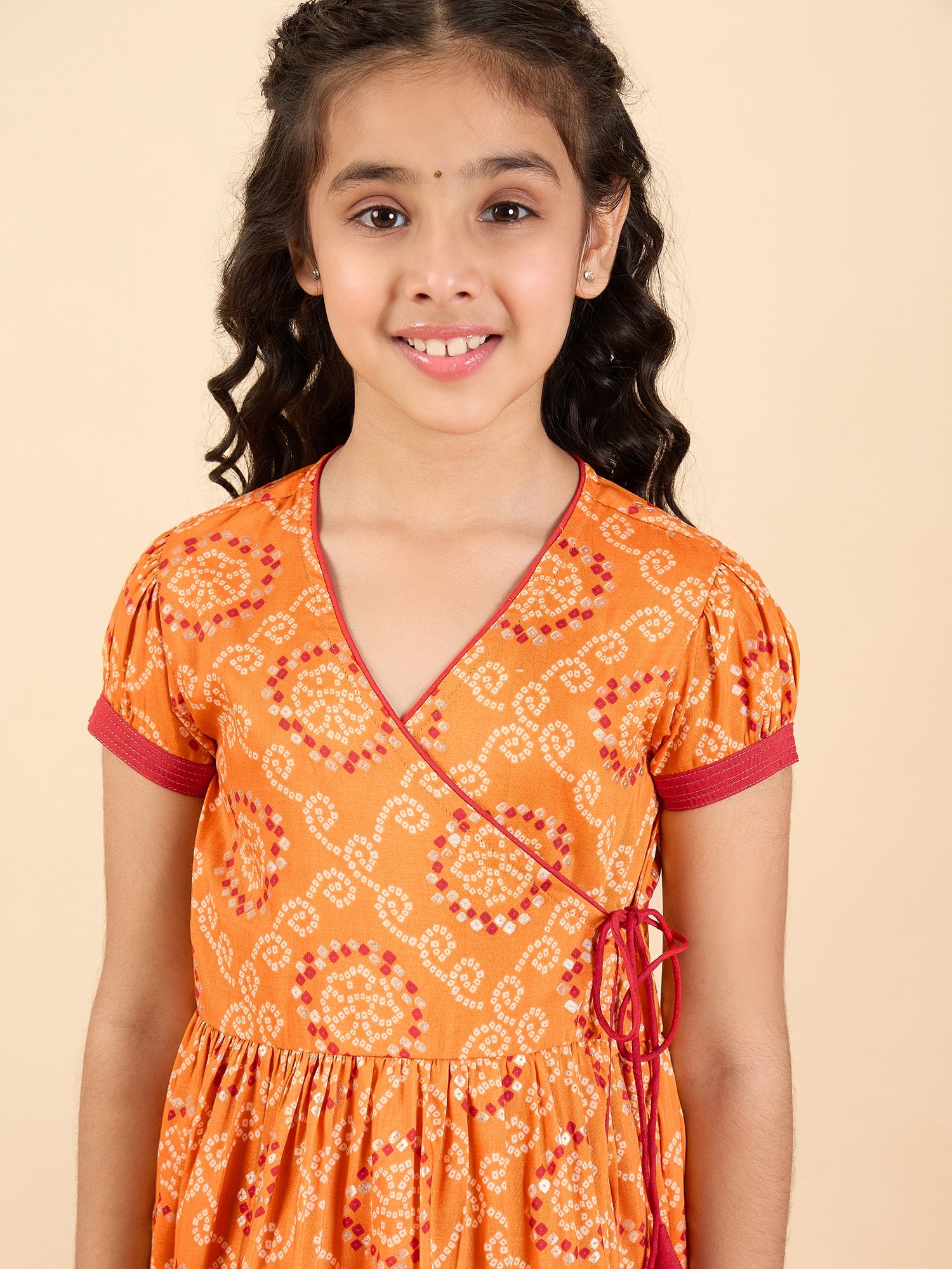 Girls Above Knee All over Print Kurti Set - Orange