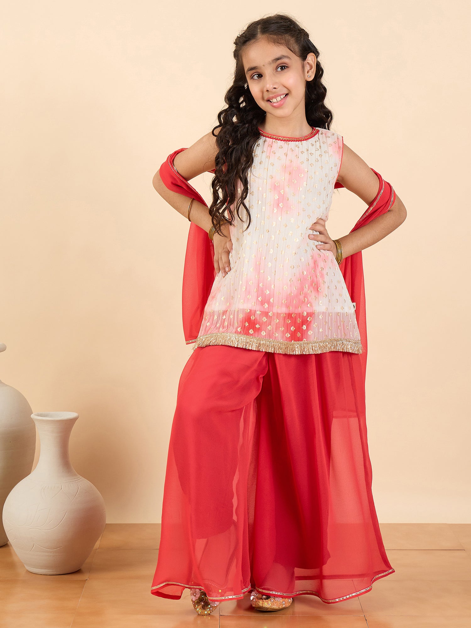 Girls Full Length All over Print Kurti Set - Red