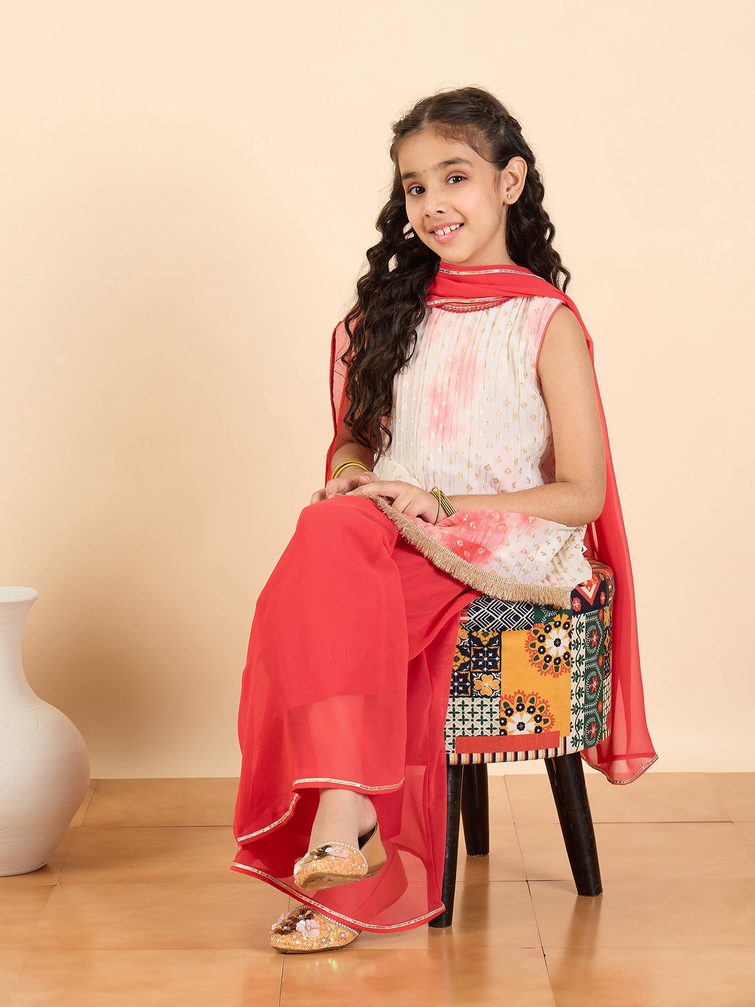 Girls Full Length All over Print Kurti Set - Red
