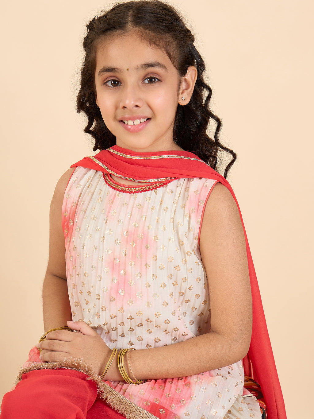 Girls Full Length All over Print Kurti Set - Red