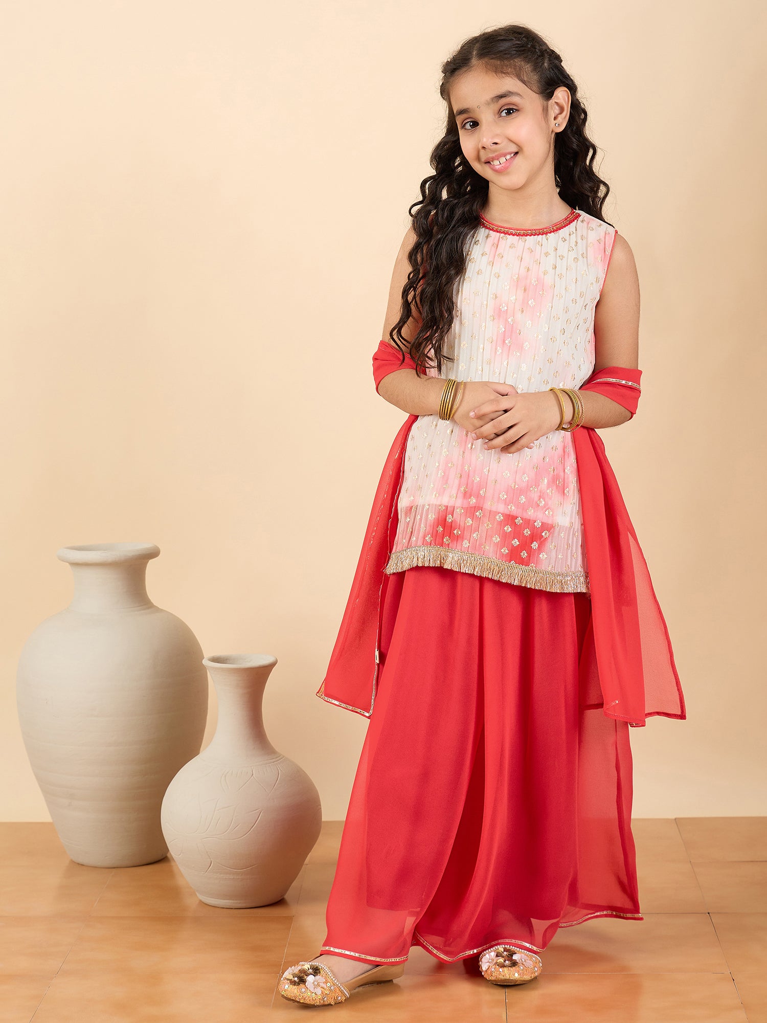 Girls Full Length All over Print Kurti Set - Red