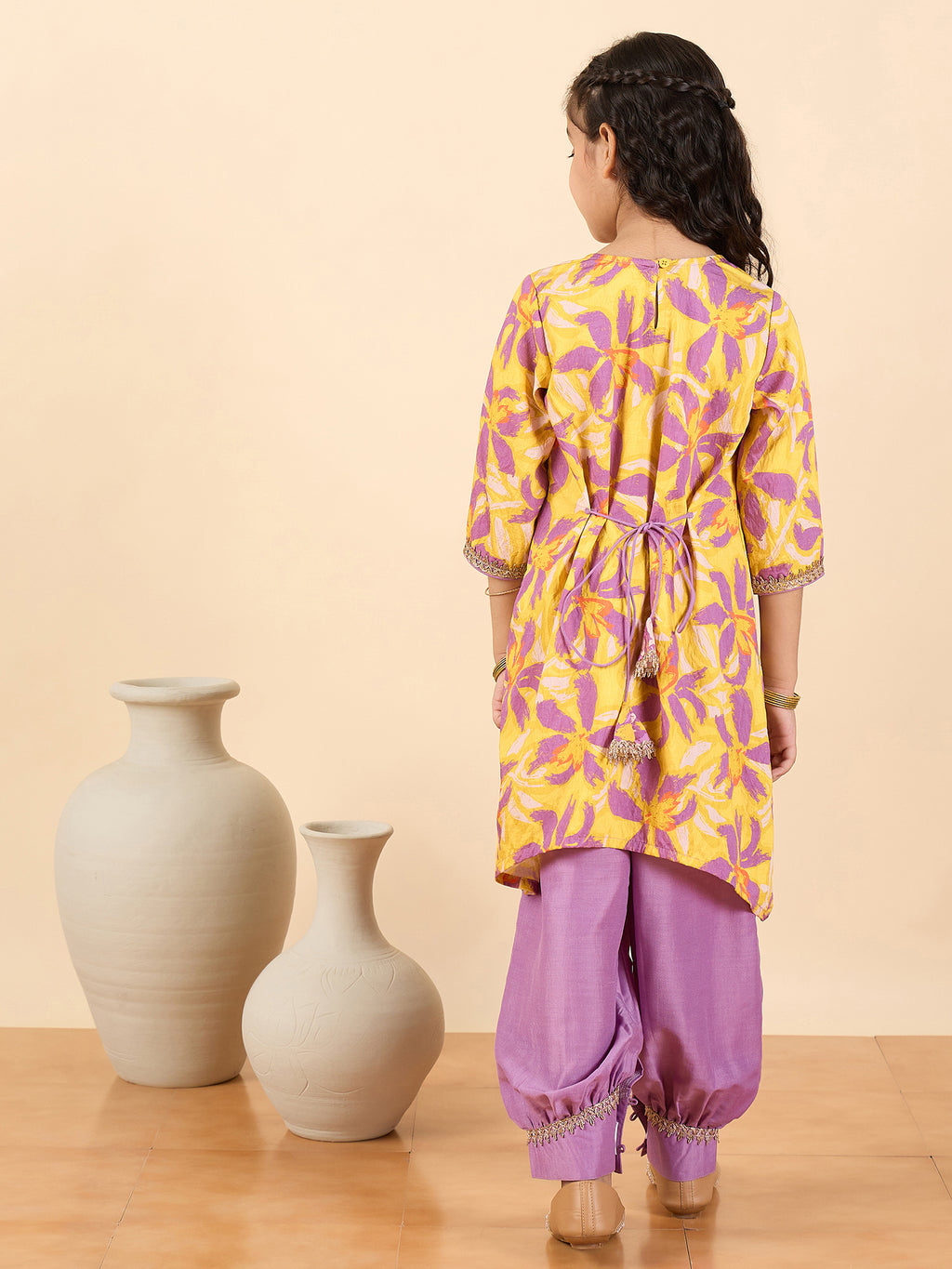 Girls Full Length All over Print Kurti Set - Yellow