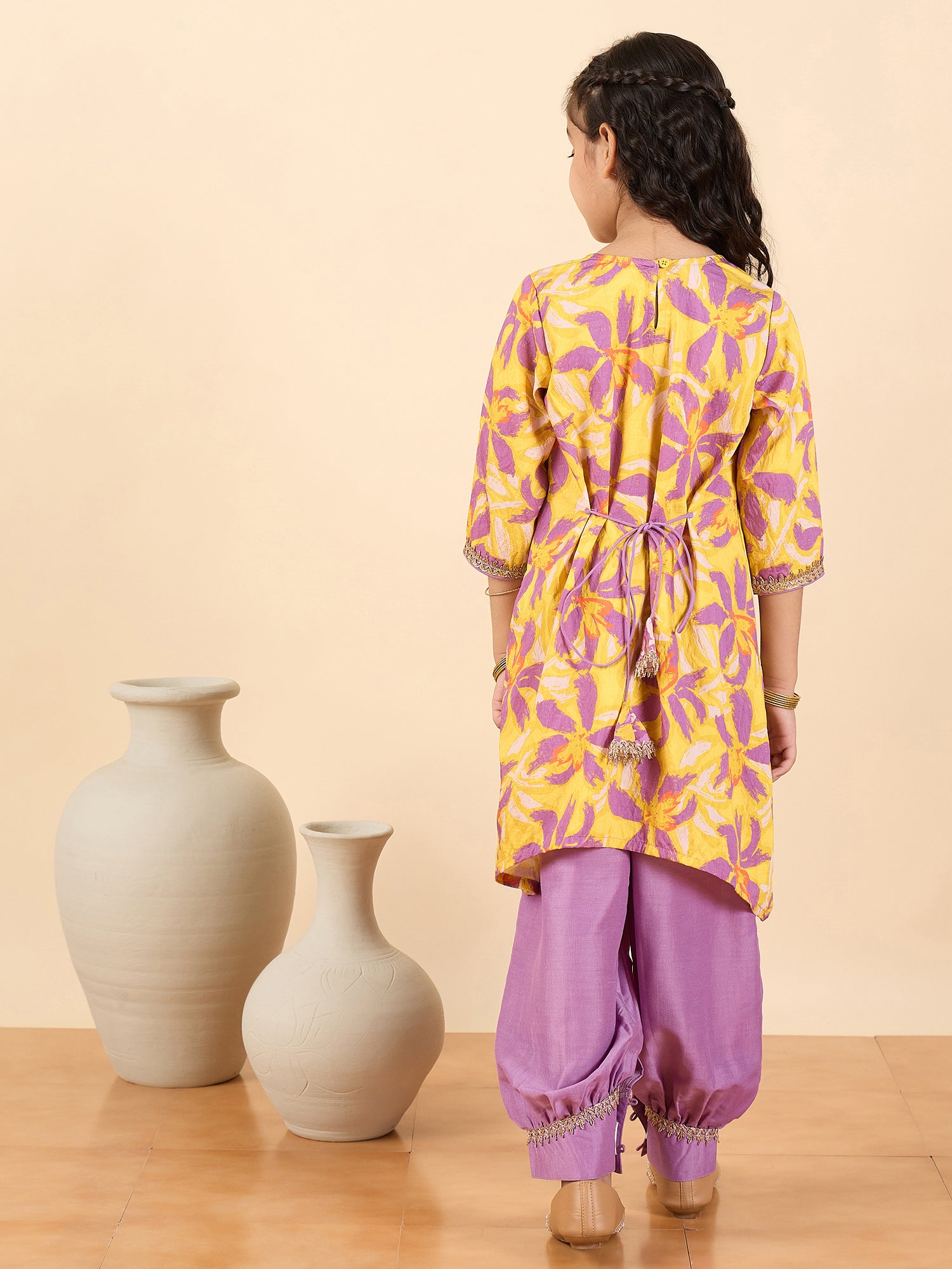 Girls Full Length All over Print Kurti Set - Yellow