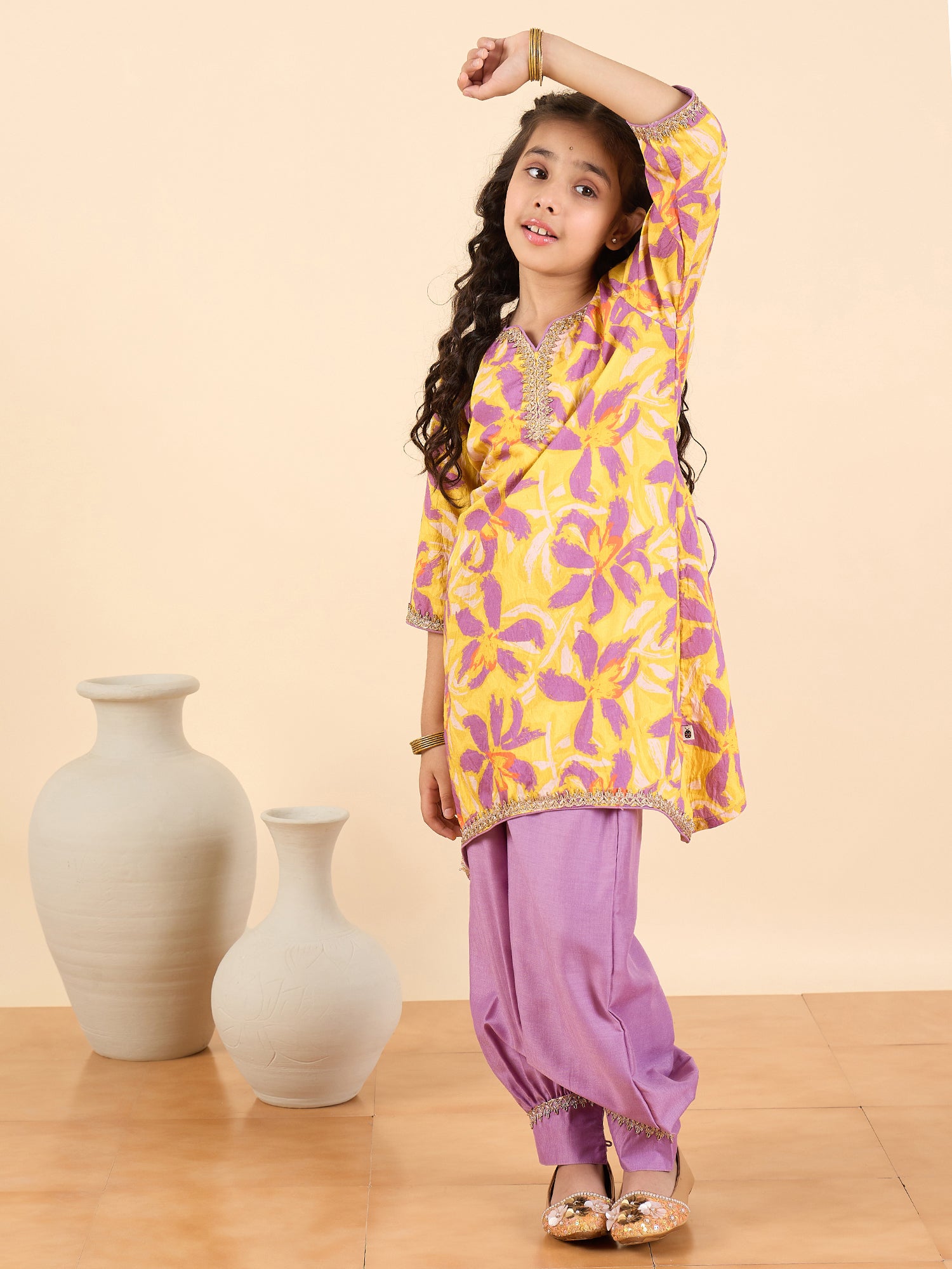 Girls Full Length All over Print Kurti Set - Yellow