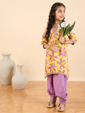 Girls Full Length All over Print Kurti Set - Yellow
