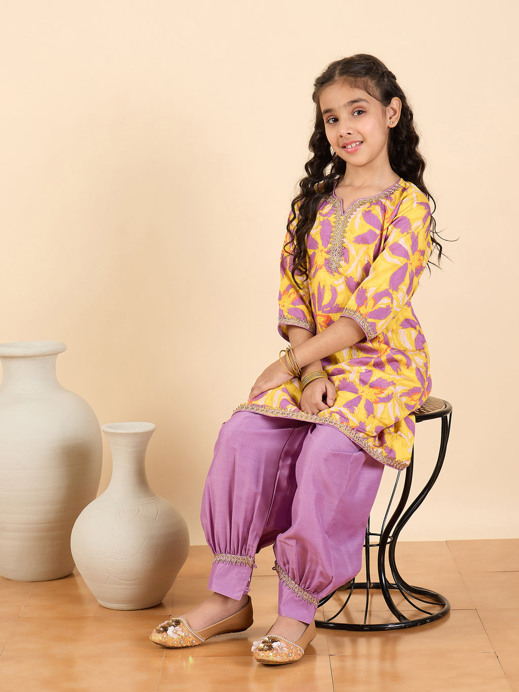 Girls Full Length All over Print Kurti Set - Yellow