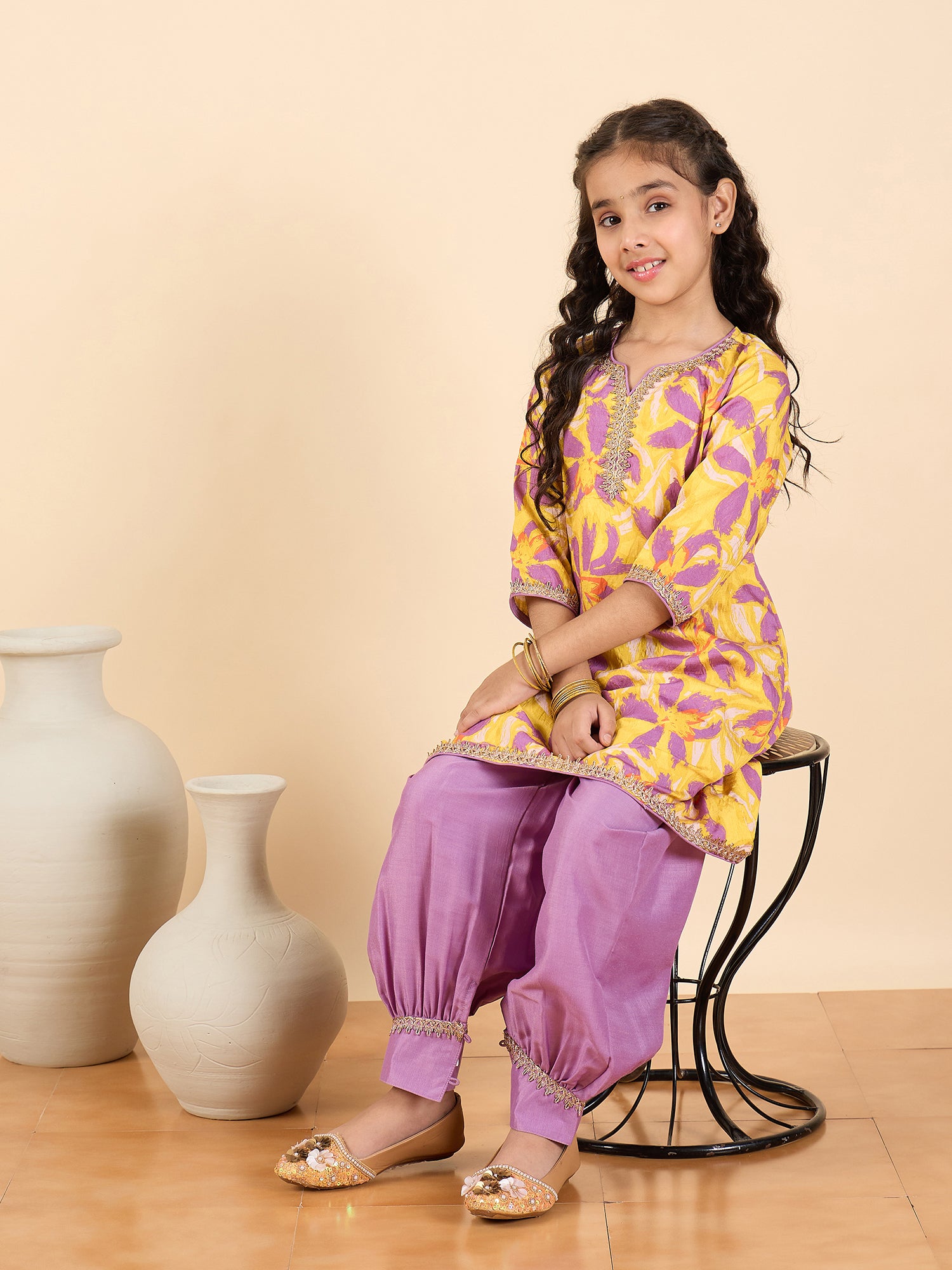 Girls Full Length All over Print Kurti Set - Yellow