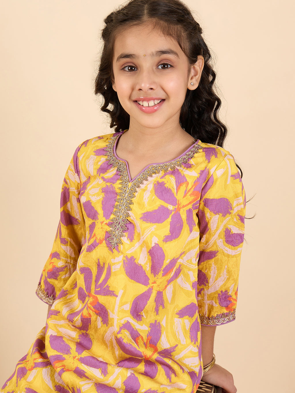 Girls Full Length All over Print Kurti Set - Yellow
