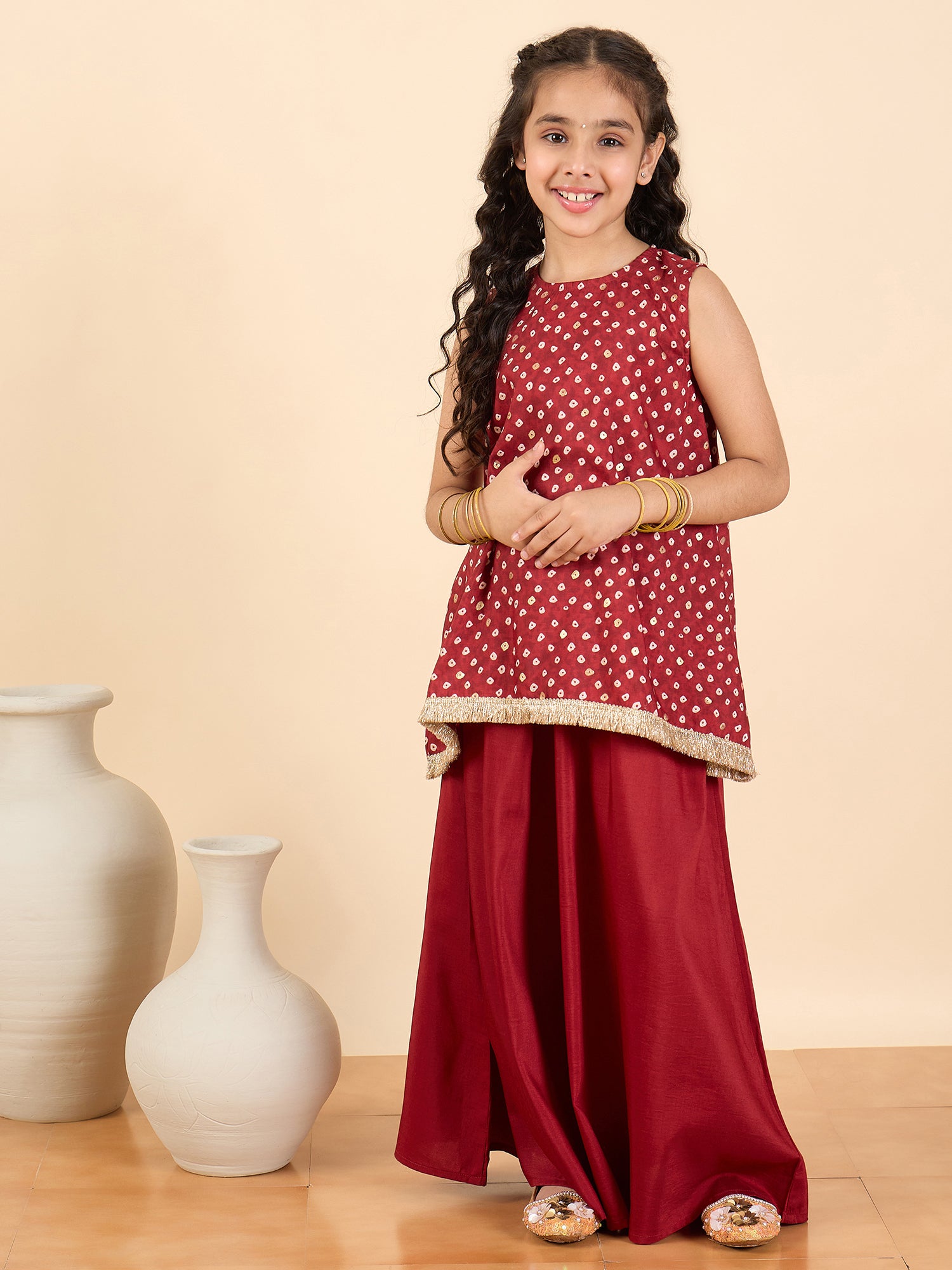 Girls Above Knee All over Print Kurti Set - Maroon