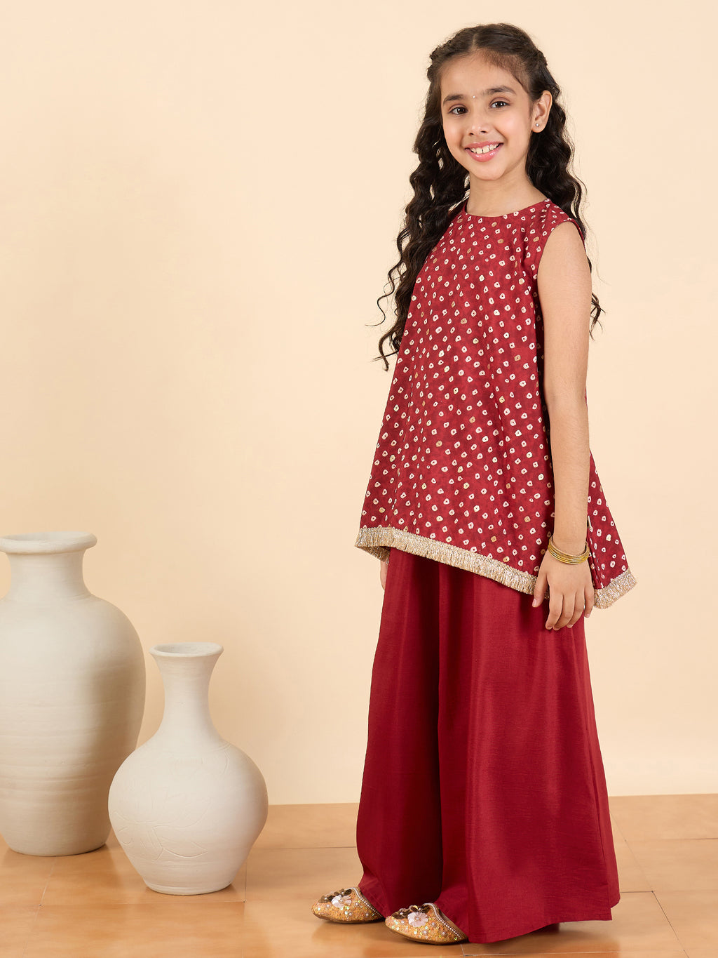 Girls Above Knee All over Print Kurti Set - Maroon