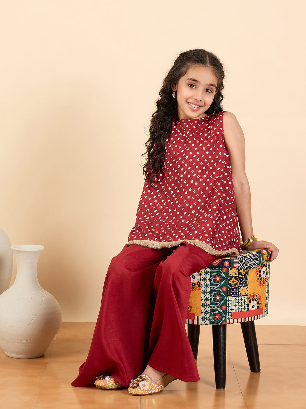 Girls Above Knee All over Print Kurti Set - Maroon