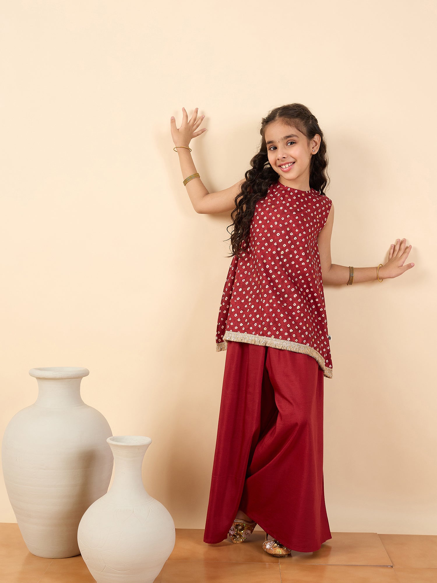 Girls Above Knee All over Print Kurti Set - Maroon