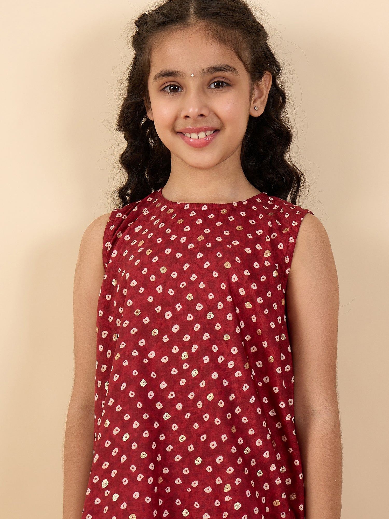 Girls Above Knee All over Print Kurti Set - Maroon