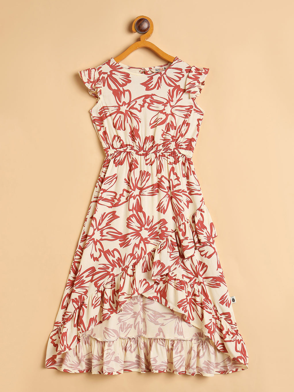 Girls Knee Length All over Print Dress - Brown