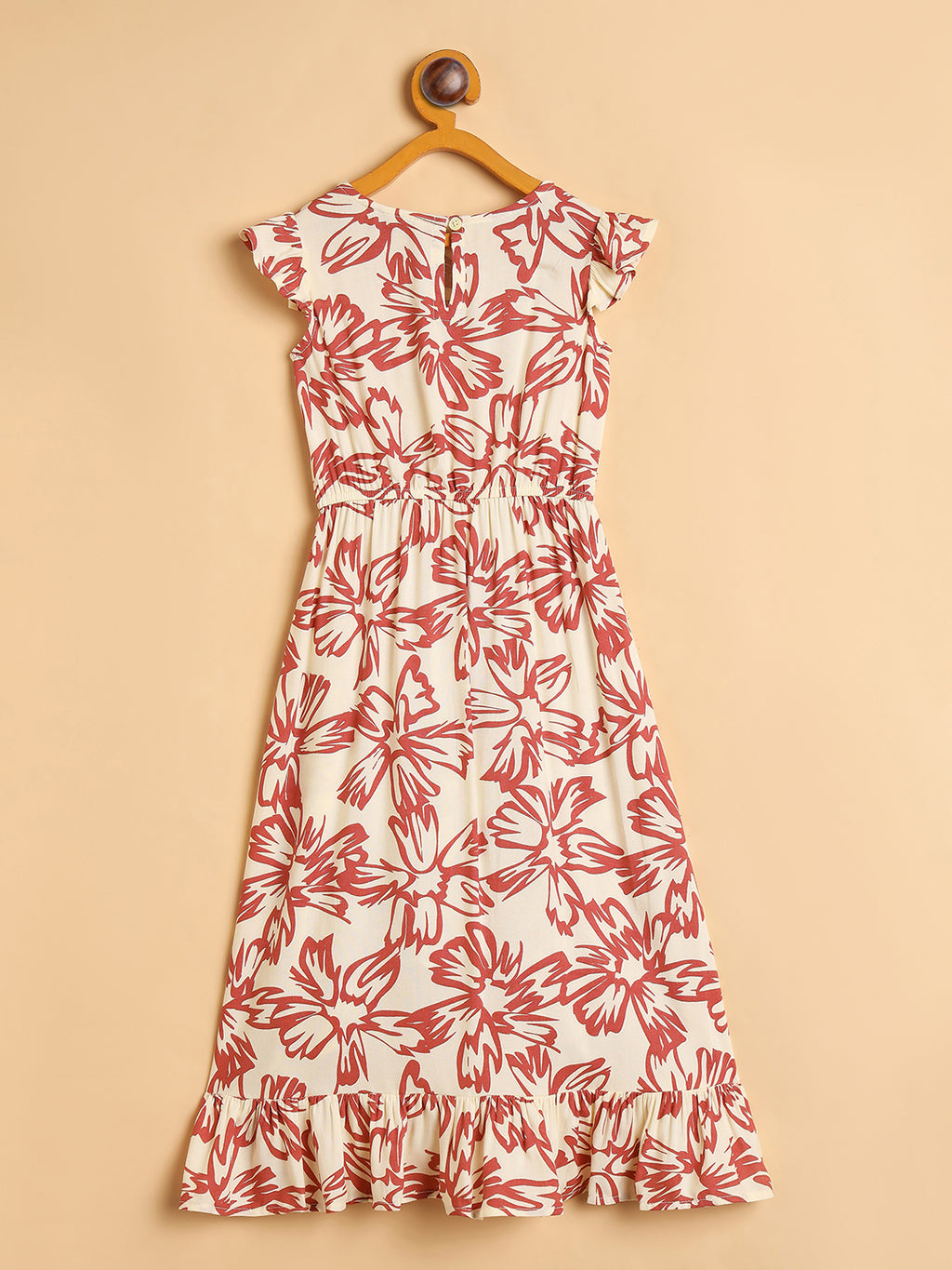 Girls Knee Length All over Print Dress - Brown