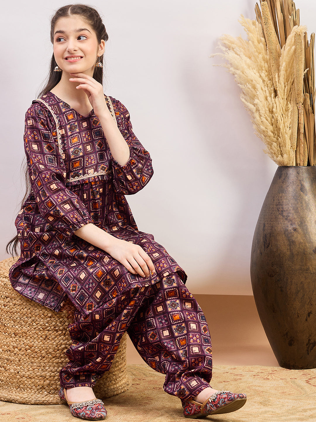 Girls Ankle Length All over Print Kurti Set - Maroon