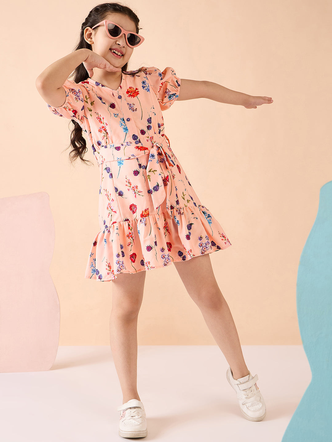 Girls Above Knee Printed Dress - Peach